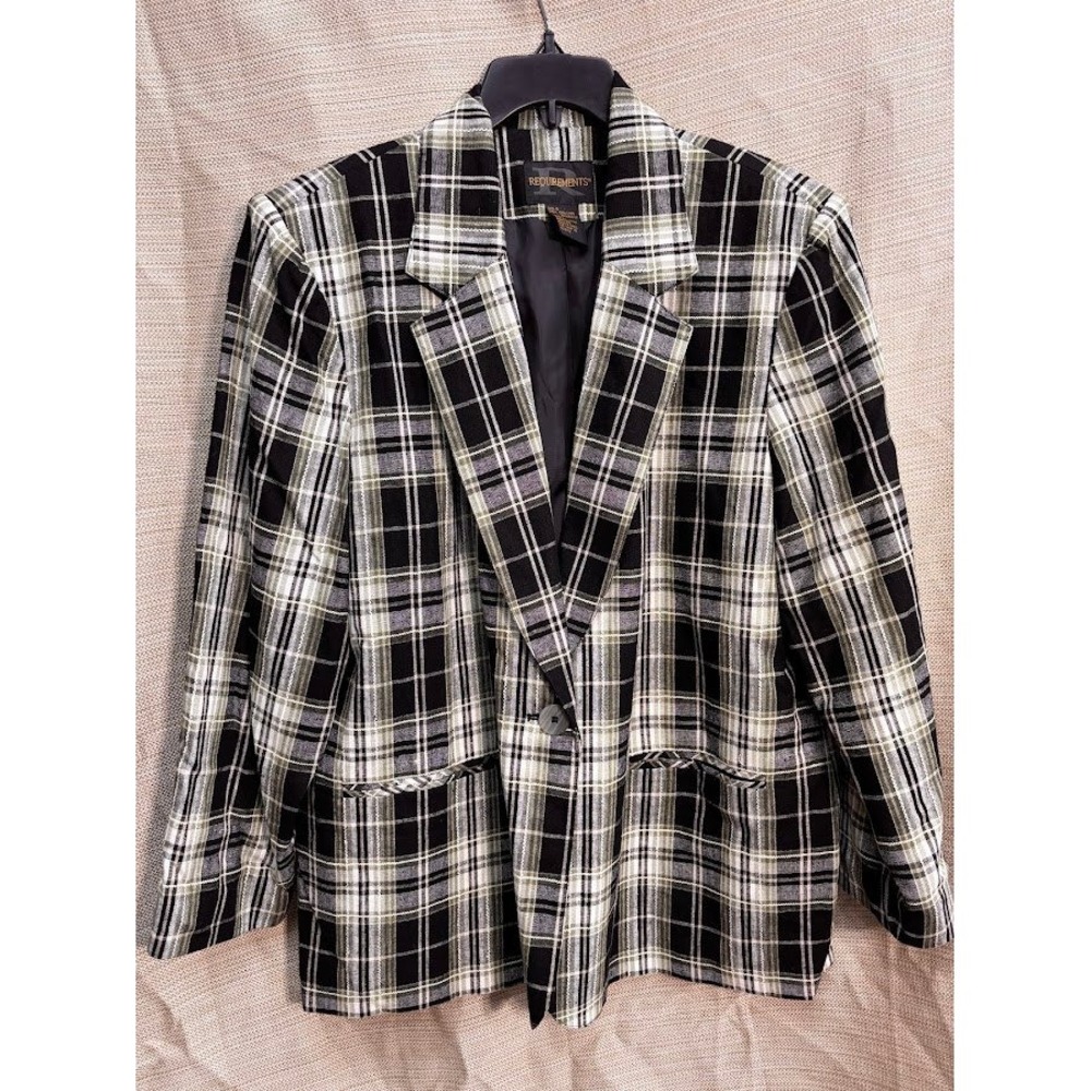 Requirements Womens Plaid Linen Blend Blazer Jacket Olive Green Black Size 18